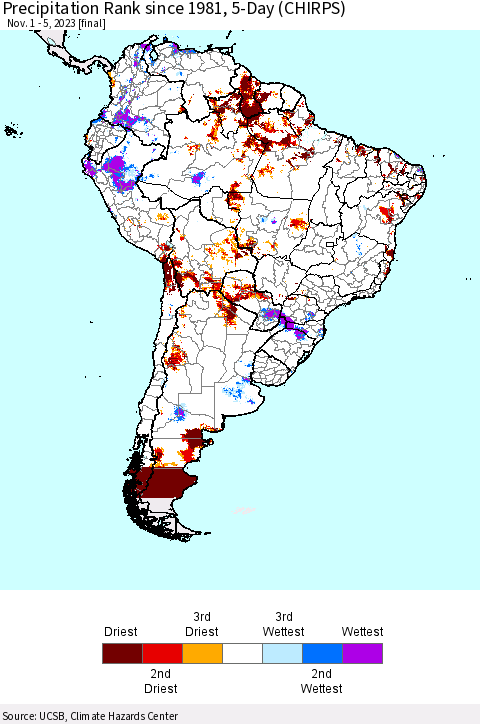 South America Precipitation Rank since 1981, 5-Day (CHIRPS) Thematic Map For 11/1/2023 - 11/5/2023