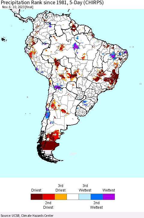 South America Precipitation Rank since 1981, 5-Day (CHIRPS) Thematic Map For 11/6/2023 - 11/10/2023
