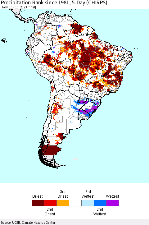 South America Precipitation Rank since 1981, 5-Day (CHIRPS) Thematic Map For 11/11/2023 - 11/15/2023