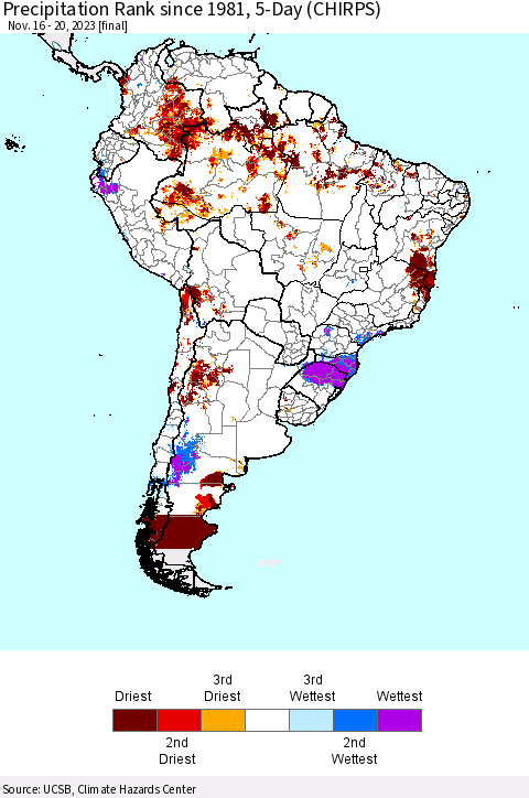 South America Precipitation Rank since 1981, 5-Day (CHIRPS) Thematic Map For 11/16/2023 - 11/20/2023