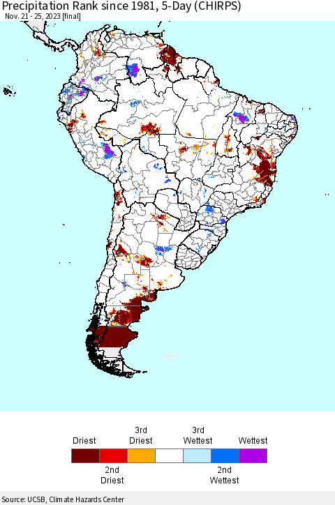 South America Precipitation Rank since 1981, 5-Day (CHIRPS) Thematic Map For 11/21/2023 - 11/25/2023