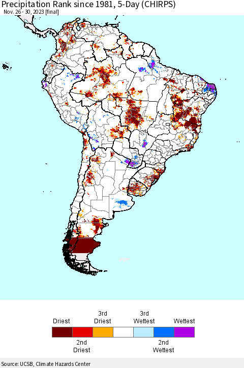 South America Precipitation Rank since 1981, 5-Day (CHIRPS) Thematic Map For 11/26/2023 - 11/30/2023