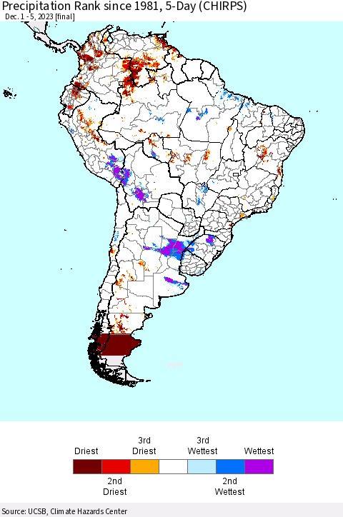 South America Precipitation Rank since 1981, 5-Day (CHIRPS) Thematic Map For 12/1/2023 - 12/5/2023
