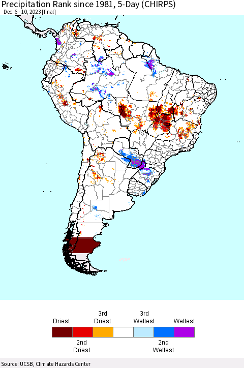 South America Precipitation Rank since 1981, 5-Day (CHIRPS) Thematic Map For 12/6/2023 - 12/10/2023