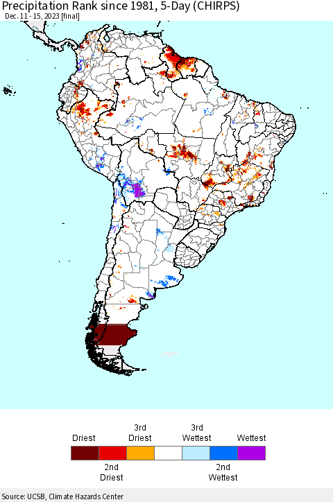 South America Precipitation Rank since 1981, 5-Day (CHIRPS) Thematic Map For 12/11/2023 - 12/15/2023