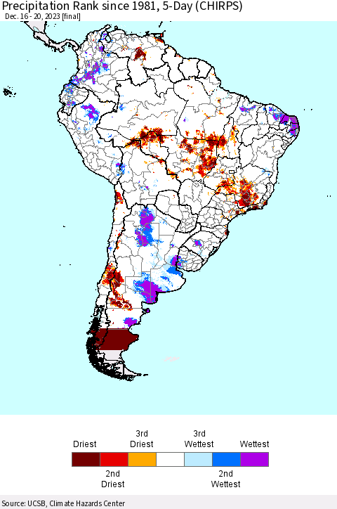 South America Precipitation Rank since 1981, 5-Day (CHIRPS) Thematic Map For 12/16/2023 - 12/20/2023