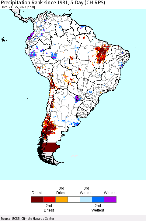 South America Precipitation Rank since 1981, 5-Day (CHIRPS) Thematic Map For 12/21/2023 - 12/25/2023