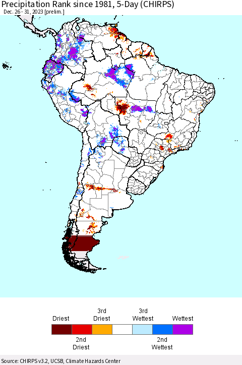 South America Precipitation Rank since 1981, 5-Day (CHIRPS) Thematic Map For 12/26/2023 - 12/31/2023
