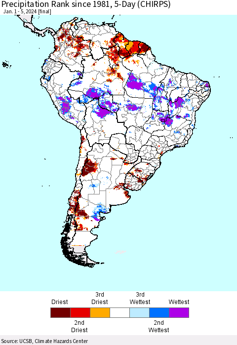 South America Precipitation Rank since 1981, 5-Day (CHIRPS) Thematic Map For 1/1/2024 - 1/5/2024