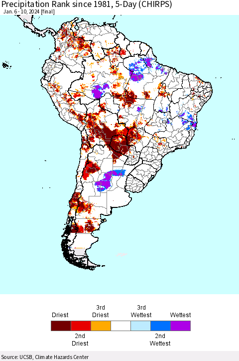 South America Precipitation Rank since 1981, 5-Day (CHIRPS) Thematic Map For 1/6/2024 - 1/10/2024