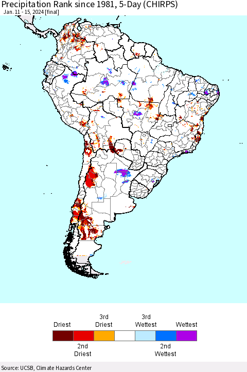 South America Precipitation Rank since 1981, 5-Day (CHIRPS) Thematic Map For 1/11/2024 - 1/15/2024