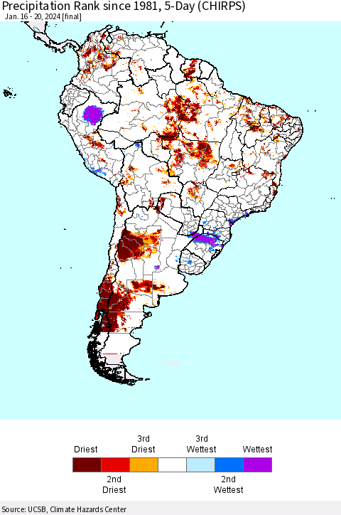 South America Precipitation Rank since 1981, 5-Day (CHIRPS) Thematic Map For 1/16/2024 - 1/20/2024
