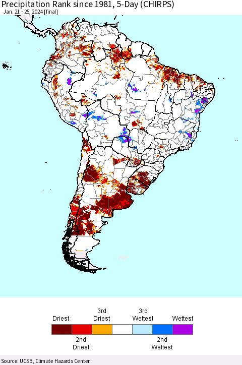 South America Precipitation Rank since 1981, 5-Day (CHIRPS) Thematic Map For 1/21/2024 - 1/25/2024