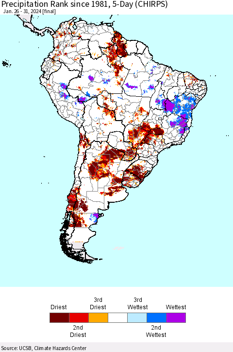 South America Precipitation Rank since 1981, 5-Day (CHIRPS) Thematic Map For 1/26/2024 - 1/31/2024