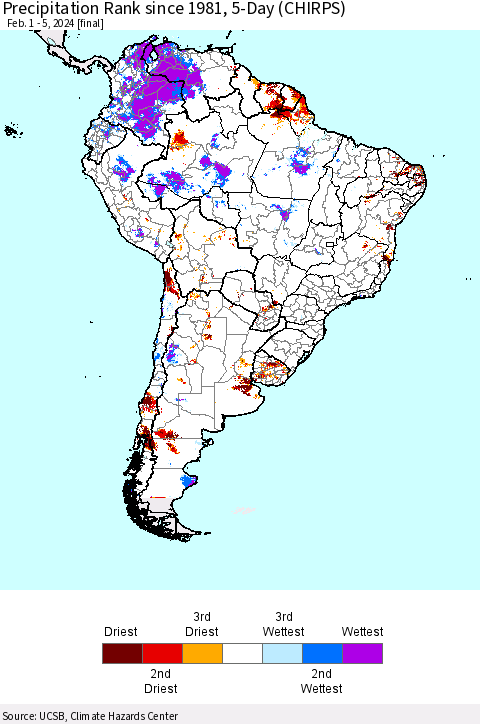 South America Precipitation Rank since 1981, 5-Day (CHIRPS) Thematic Map For 2/1/2024 - 2/5/2024