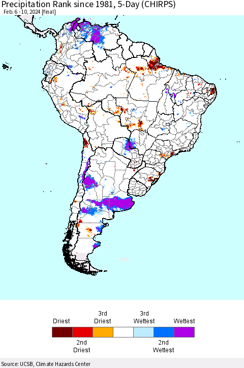 South America Precipitation Rank since 1981, 5-Day (CHIRPS) Thematic Map For 2/6/2024 - 2/10/2024