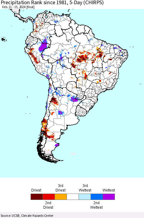 South America Precipitation Rank since 1981, 5-Day (CHIRPS) Thematic Map For 2/11/2024 - 2/15/2024