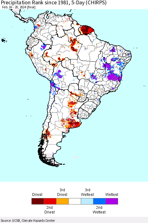 South America Precipitation Rank since 1981, 5-Day (CHIRPS) Thematic Map For 2/16/2024 - 2/20/2024