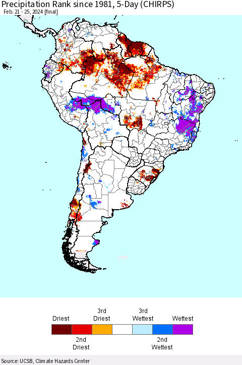 South America Precipitation Rank since 1981, 5-Day (CHIRPS) Thematic Map For 2/21/2024 - 2/25/2024