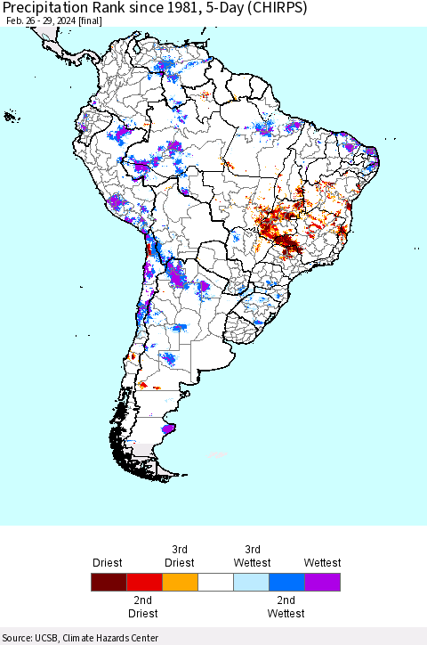 South America Precipitation Rank since 1981, 5-Day (CHIRPS) Thematic Map For 2/26/2024 - 2/29/2024