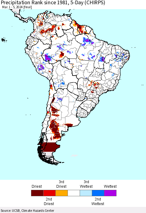 South America Precipitation Rank since 1981, 5-Day (CHIRPS) Thematic Map For 3/1/2024 - 3/5/2024