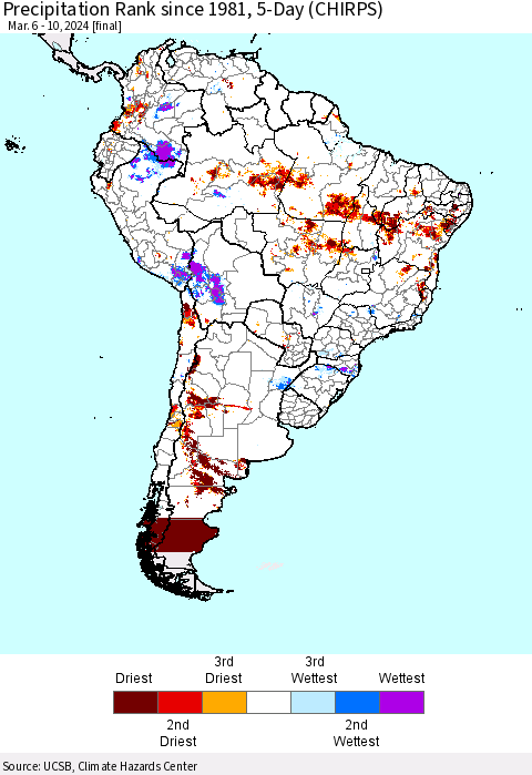 South America Precipitation Rank since 1981, 5-Day (CHIRPS) Thematic Map For 3/6/2024 - 3/10/2024