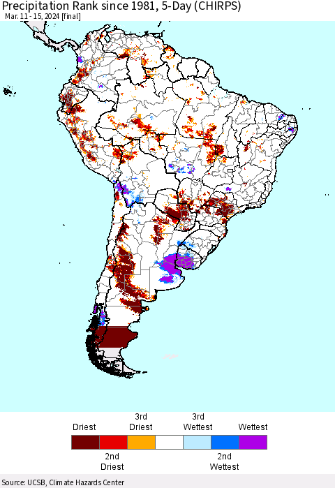 South America Precipitation Rank since 1981, 5-Day (CHIRPS) Thematic Map For 3/11/2024 - 3/15/2024