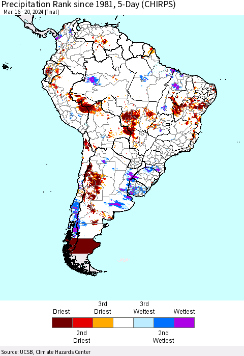 South America Precipitation Rank since 1981, 5-Day (CHIRPS) Thematic Map For 3/16/2024 - 3/20/2024