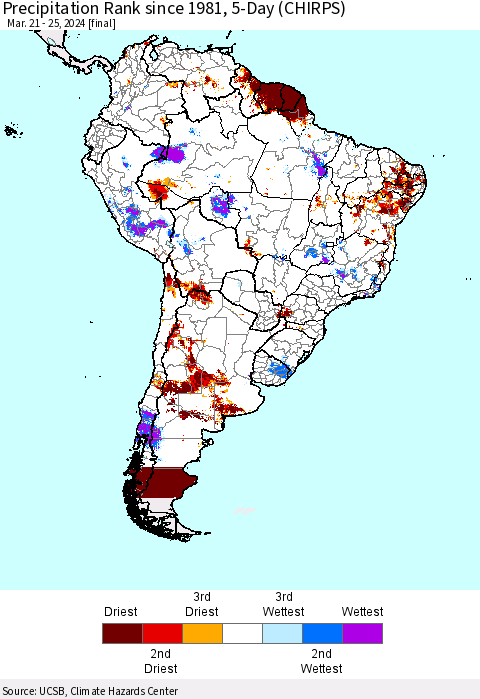 South America Precipitation Rank since 1981, 5-Day (CHIRPS) Thematic Map For 3/21/2024 - 3/25/2024