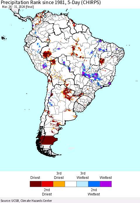 South America Precipitation Rank since 1981, 5-Day (CHIRPS) Thematic Map For 3/26/2024 - 3/31/2024