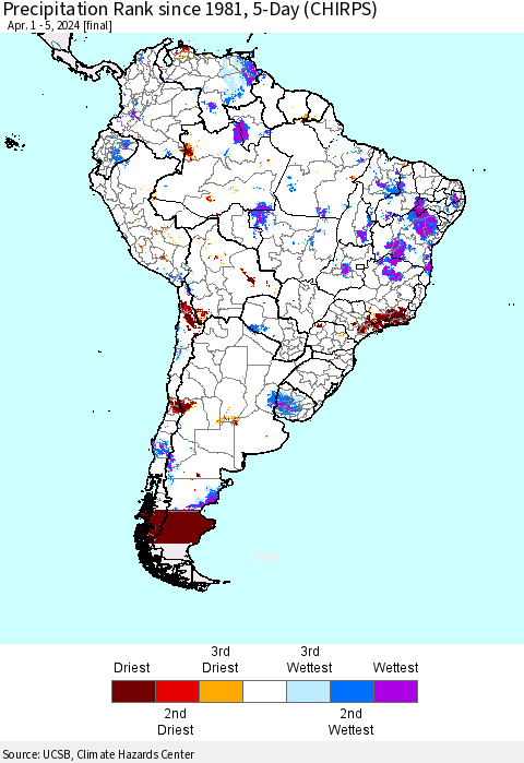 South America Precipitation Rank since 1981, 5-Day (CHIRPS) Thematic Map For 4/1/2024 - 4/5/2024