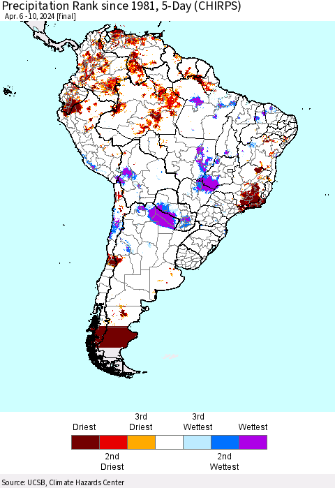 South America Precipitation Rank since 1981, 5-Day (CHIRPS) Thematic Map For 4/6/2024 - 4/10/2024