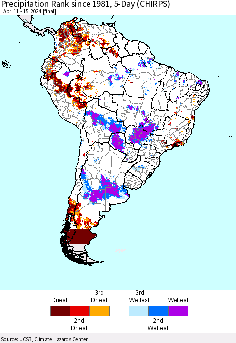 South America Precipitation Rank since 1981, 5-Day (CHIRPS) Thematic Map For 4/11/2024 - 4/15/2024