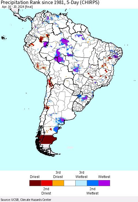 South America Precipitation Rank since 1981, 5-Day (CHIRPS) Thematic Map For 4/16/2024 - 4/20/2024