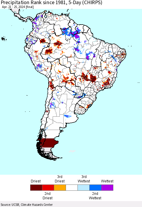 South America Precipitation Rank since 1981, 5-Day (CHIRPS) Thematic Map For 4/21/2024 - 4/25/2024