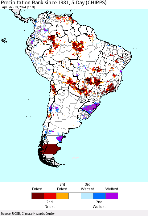South America Precipitation Rank since 1981, 5-Day (CHIRPS) Thematic Map For 4/26/2024 - 4/30/2024
