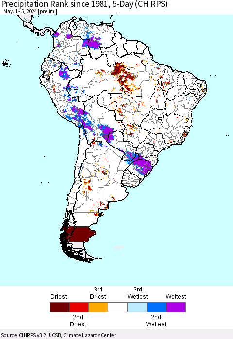 South America Precipitation Rank since 1981, 5-Day (CHIRPS) Thematic Map For 5/1/2024 - 5/5/2024