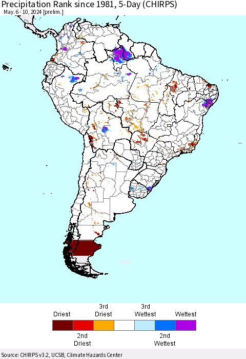 South America Precipitation Rank since 1981, 5-Day (CHIRPS) Thematic Map For 5/6/2024 - 5/10/2024