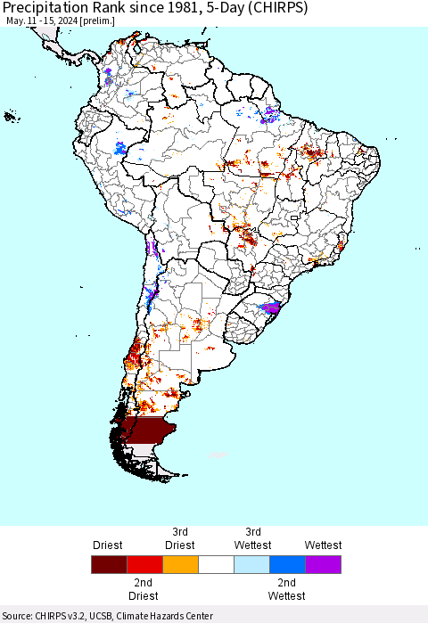 South America Precipitation Rank since 1981, 5-Day (CHIRPS) Thematic Map For 5/11/2024 - 5/15/2024