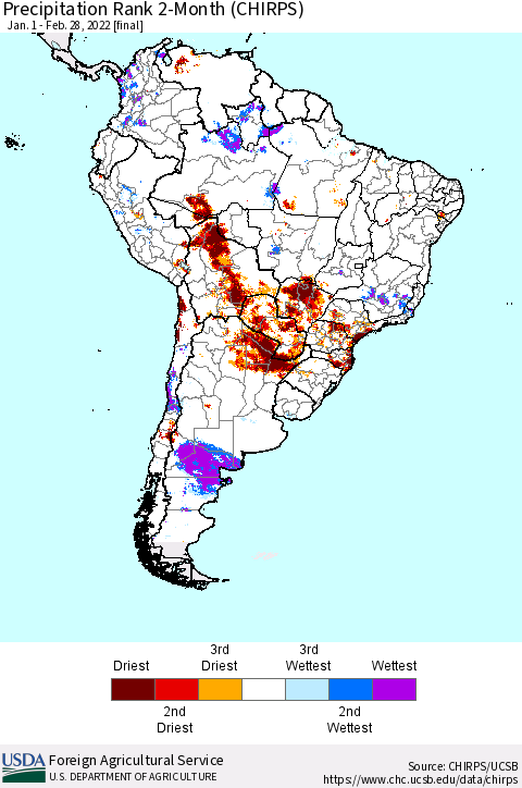 South America Precipitation Rank since 1981, 2-Month (CHIRPS) Thematic Map For 1/1/2022 - 2/28/2022