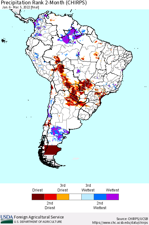 South America Precipitation Rank since 1981, 2-Month (CHIRPS) Thematic Map For 1/6/2022 - 3/5/2022