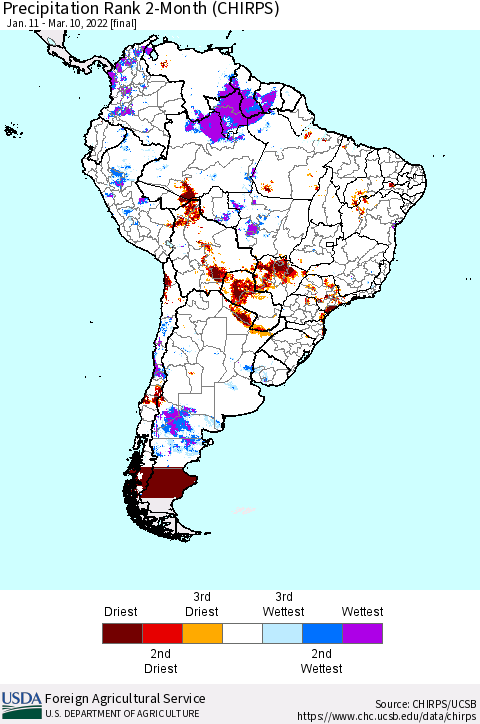 South America Precipitation Rank since 1981, 2-Month (CHIRPS) Thematic Map For 1/11/2022 - 3/10/2022