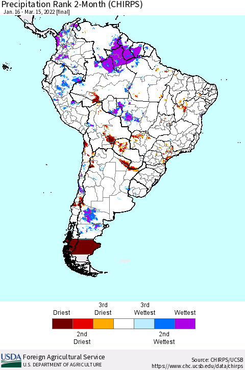 South America Precipitation Rank since 1981, 2-Month (CHIRPS) Thematic Map For 1/16/2022 - 3/15/2022