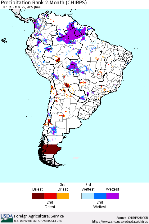 South America Precipitation Rank since 1981, 2-Month (CHIRPS) Thematic Map For 1/26/2022 - 3/25/2022