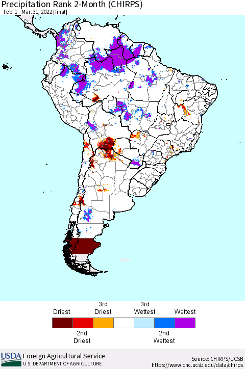 South America Precipitation Rank since 1981, 2-Month (CHIRPS) Thematic Map For 2/1/2022 - 3/31/2022