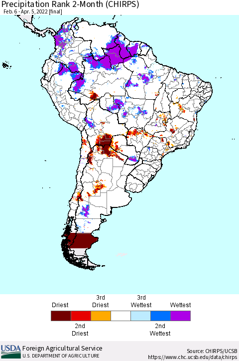 South America Precipitation Rank since 1981, 2-Month (CHIRPS) Thematic Map For 2/6/2022 - 4/5/2022