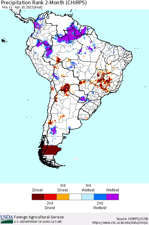 South America Precipitation Rank since 1981, 2-Month (CHIRPS) Thematic Map For 2/11/2022 - 4/10/2022