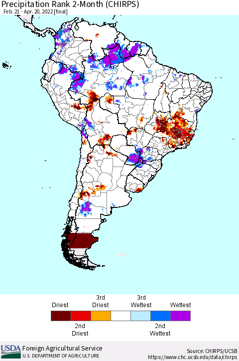 South America Precipitation Rank since 1981, 2-Month (CHIRPS) Thematic Map For 2/21/2022 - 4/20/2022