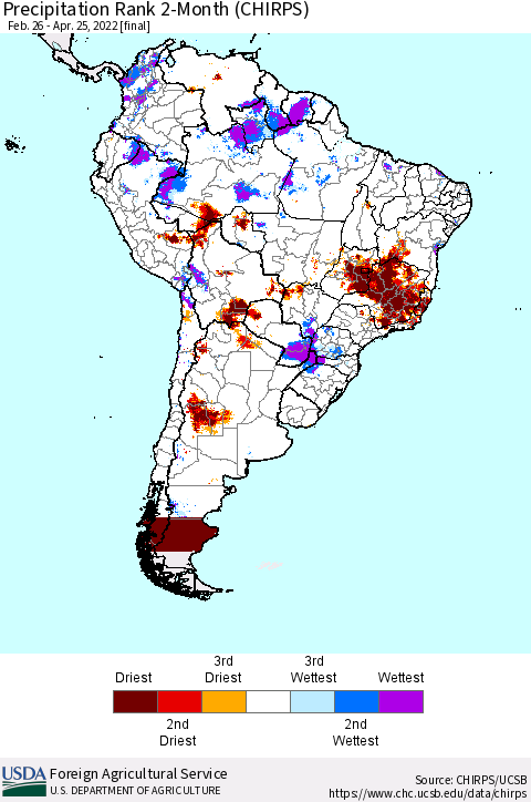 South America Precipitation Rank since 1981, 2-Month (CHIRPS) Thematic Map For 2/26/2022 - 4/25/2022