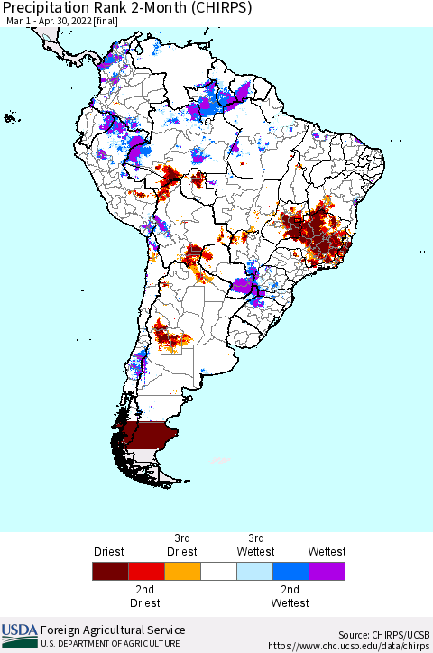 South America Precipitation Rank since 1981, 2-Month (CHIRPS) Thematic Map For 3/1/2022 - 4/30/2022